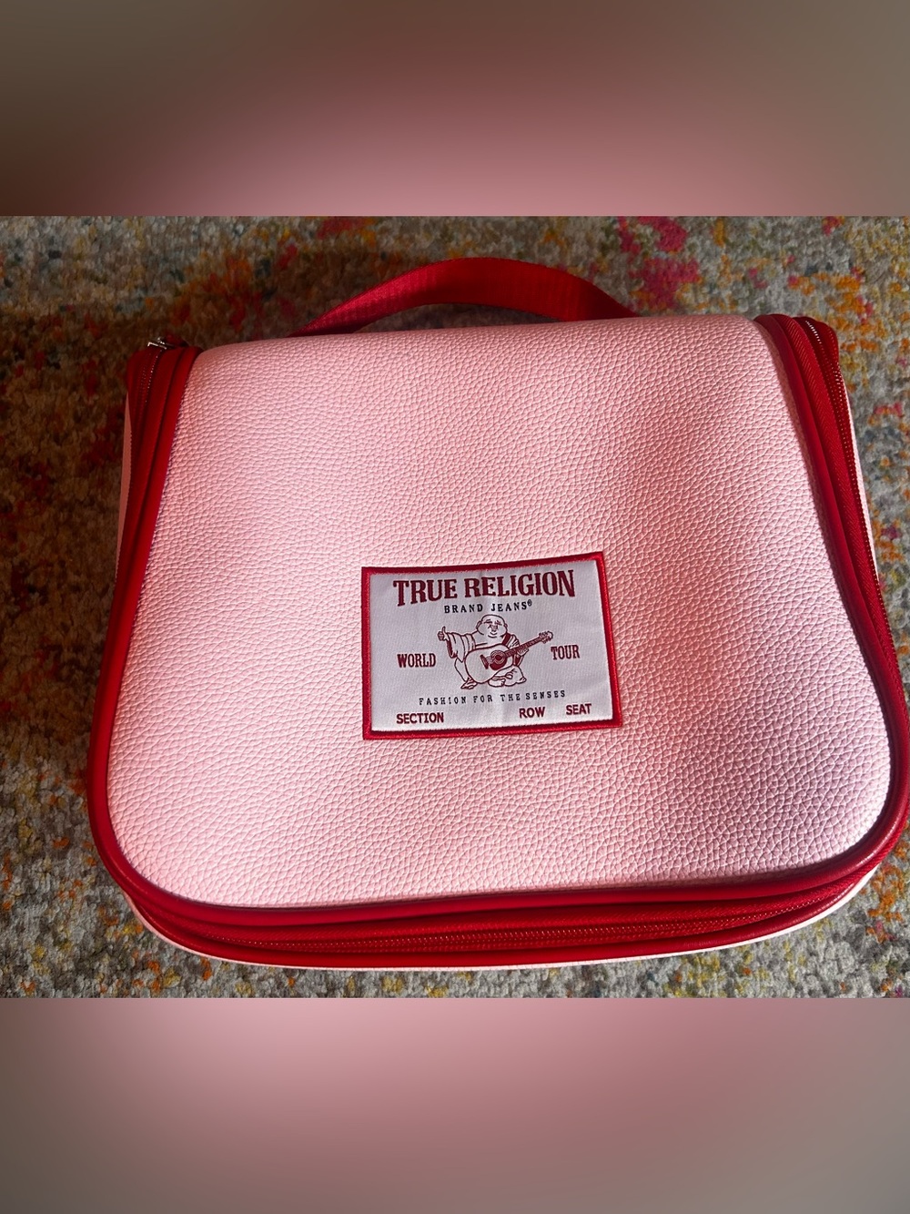 True Religion Brand Jeans Cosmetic, Bathroom Caddy. Red 11" Travel Soft Case